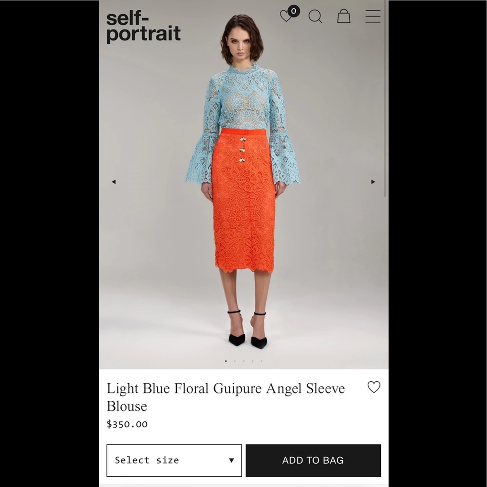 2022 Self-Portrait Light Blue Floral Guipure Angel Sleeve Blouses